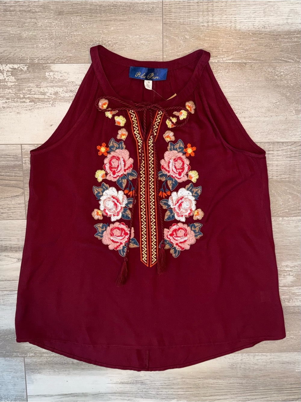NWT Blue Rain Burgundy Embroidered Floral Boho Tank Top Women Medium Francesca’s
